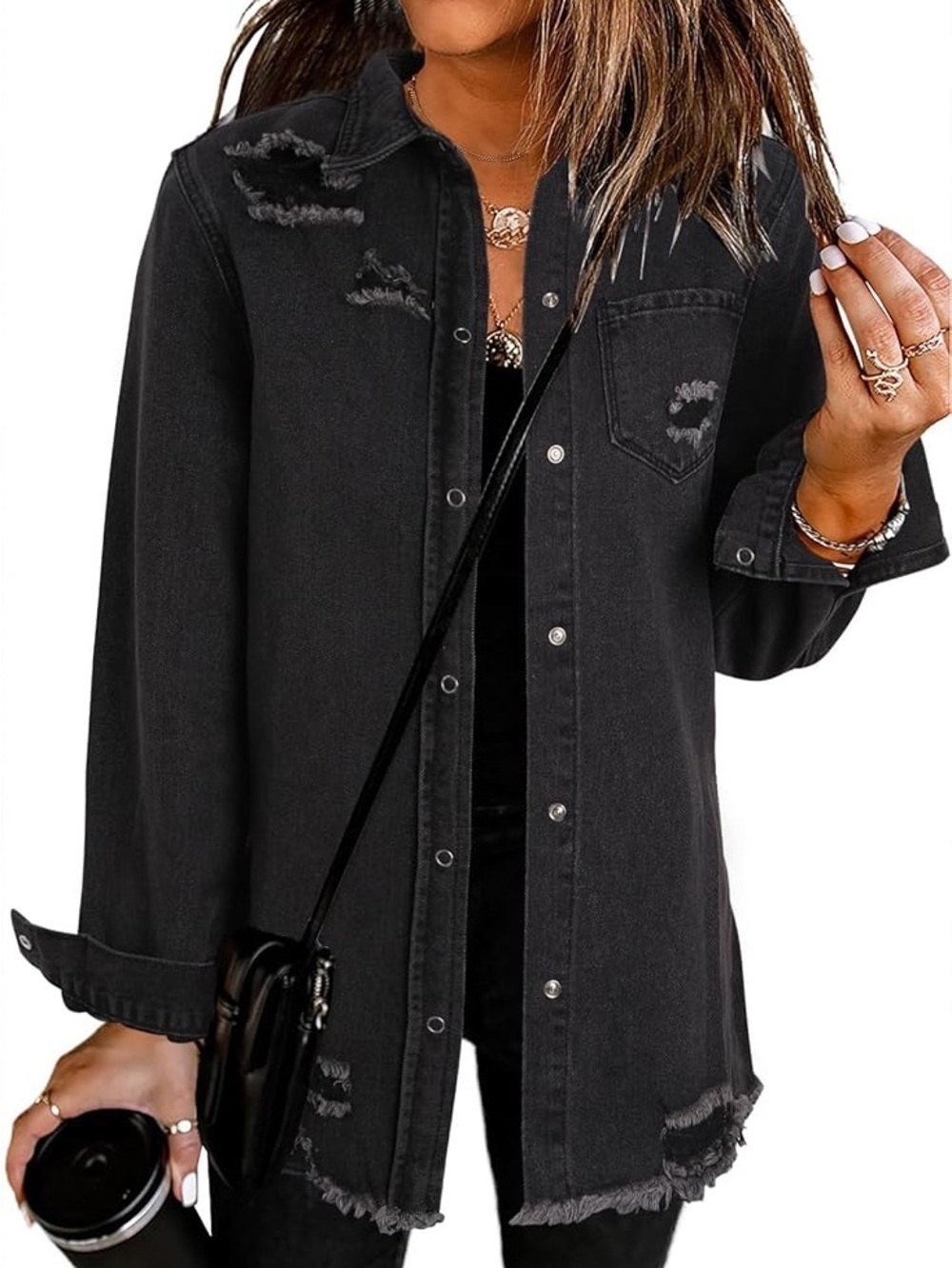 Boutique Distressed Black Denim Shacket Oversized Shirt Jacket Frayed Hem L